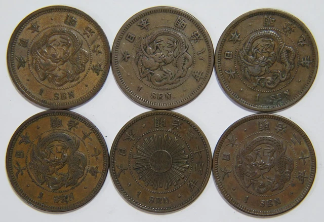 Japan 1 Sen Dragon Meiji Emperor Low Grade World Coin Collection Lot (6) 🌈⭐🌈