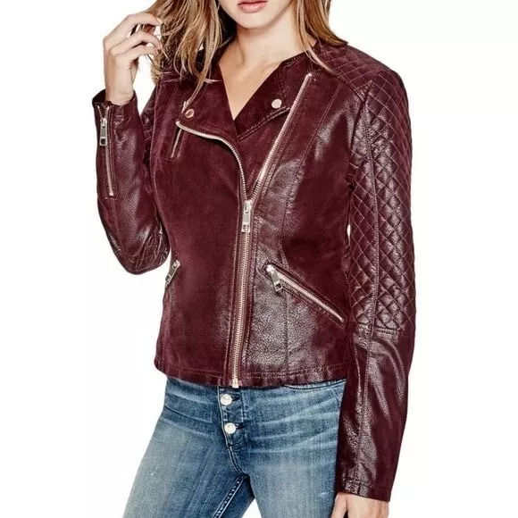 Guess Geonna Faux Leather Moto Jacket In Burgundy Womens Size M