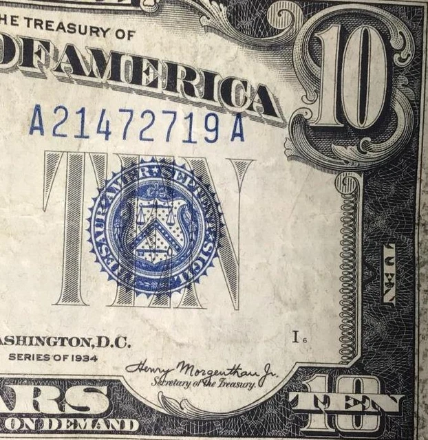 1934 $10 "Blue TEN" SILVER Certificate X2719! Paper Money Currency! Very Fine!