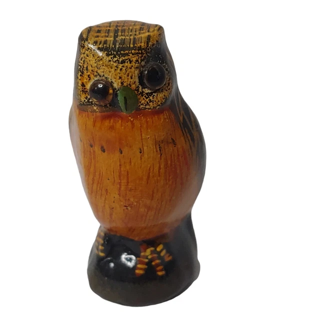 Vintage Ceramic Owl Miniature 2.25" Tall Painted Brown No Makers Mark Bird