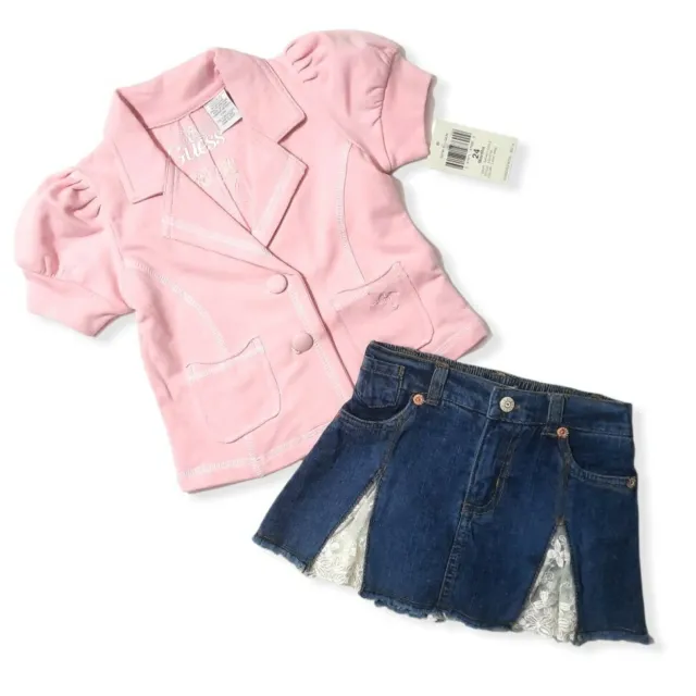 VTG Guess Baby Girls Fleece Jacket 24 m Pink Denim Skort Set Short Sleeve Lace