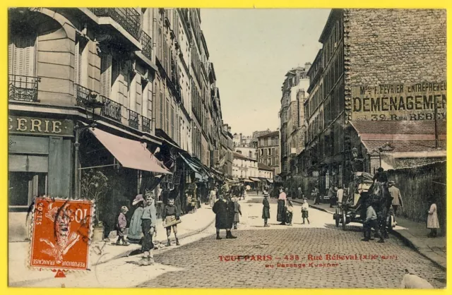 cpa RARE 75 - PARIS 19e Rue REBEVAL au Passage KUSZNER animated coupling shops
