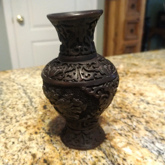 VINTAGE BLACK CHINESE Double Floral Carved Lacquer Cinnabar Vase Resin