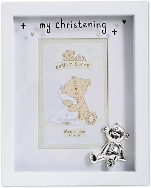 Button Corner My Christening Teddy Bear Theme Baby Photo Frame - New Baby Gifts