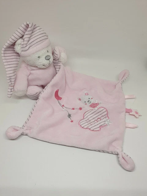 06 - Doudou Ours Plat Max Et Sax Moon Lune Nuage Etoile Mouchoir Rose Carrefour