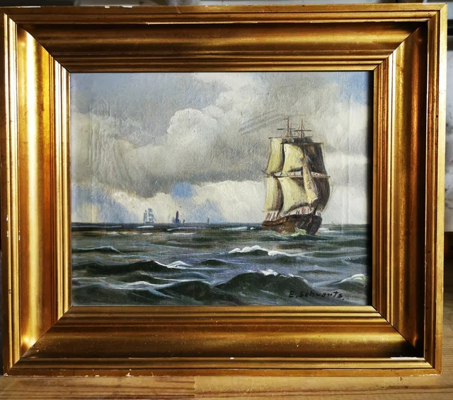 Old oil painting on canvas with ship portrait by E. Schwarts