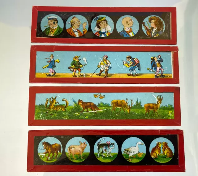 LOT 4 PLAQUES VERRE MAGIC LANTERN LANTERNE MAGIQUE fin XIX personnages animaux 1