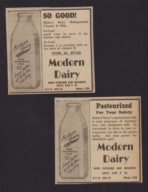 Quincy IL  1946 Modern Dairy Milk Bottles Shown ~ 2 Herald-Whig Newspaper Ads