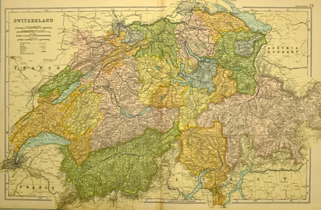 1905 Antique Map ~ Switzerland Geneva Bern Zurich Basel Grisons Uri Vallais