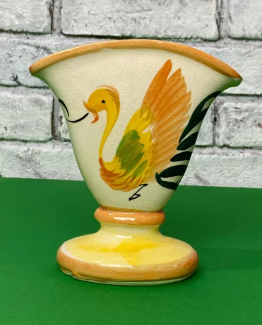 Vintage Ceramic Pottery Fan Style Vase Planter Flying Bird Handmade Motif Japan