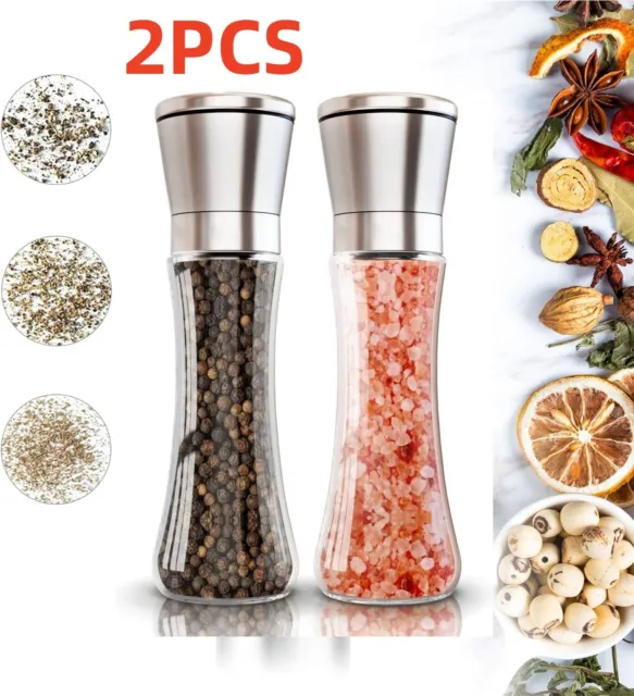 2Pcs Adjustable Salt Pepper Grinder Set Stainless Steel Glass Shaker Mill Coarse