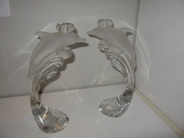 Lenox Pair of Dolphin Candlestick Holders Clear & Frosted 9 1/4" Height VGC