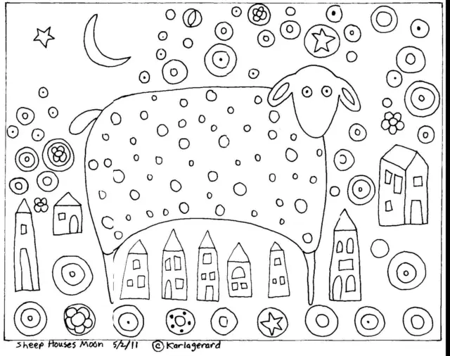 Rug Hook Craft Paper Pattern SHEEP HOUSES MOON Folk Art PRIMITIVE Karla Gerard