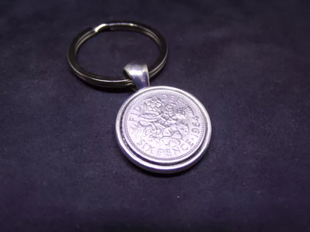 Double Sided 1964 Lucky Sixpence Coin Keyring 60th Birthday Gift Present