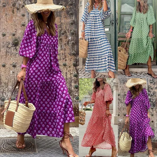 Femme 3/4 Manche Robe Maxi Bouffant Tunique Col V Robes Imprimé Boho Plage Fêt *