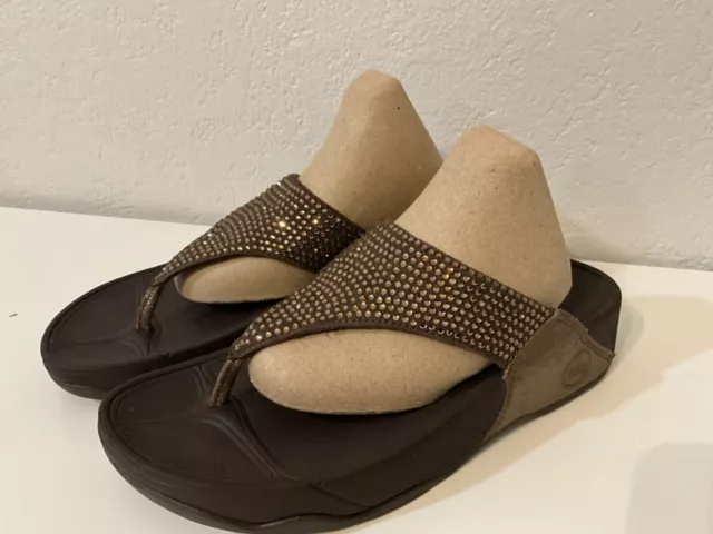 Fitflop Sandals Womens 8 Rokkit Rhinestone Thong Brown Leather Slip On Size 8 EU