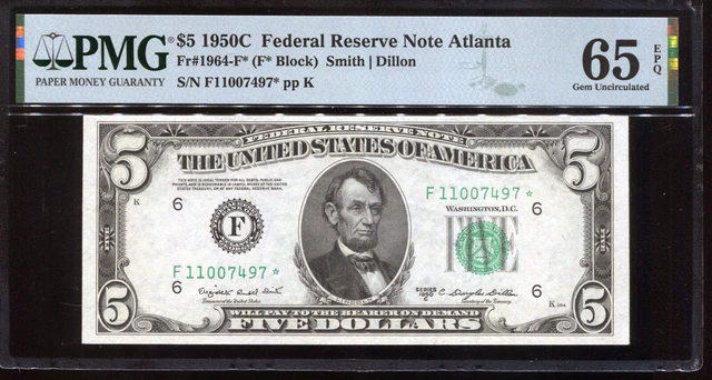 1950-C $5 Federal Reserve **STAR** Note Atlanta PMG Gem Unc 65EPQ #F11007497*