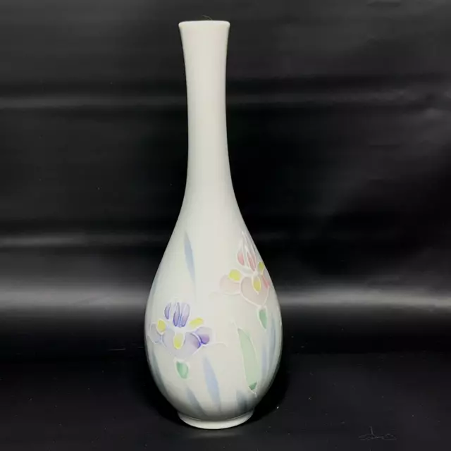 OTAGIRI Bud Vase Japan Hand Painted White Iris Pink Blue Ceramic Floral Lite