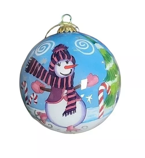 Li Bien Reverse Hand Painted Glass Christmas Ornament SNOWMEN Pier One 2005