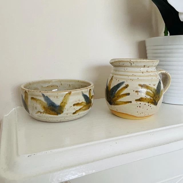 VINTAGE STUDIO POTTERY Milk Jug Sugar Bowl Stoneware Set 12 93 