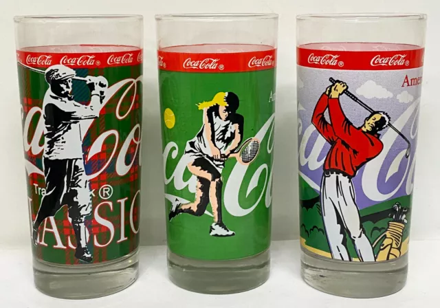 Lot 3 x COCA-COLA "America's Favorite" SPORTS Glass Soda Tumblers Tennis & Golf