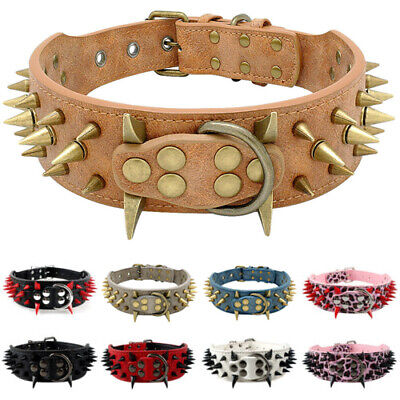 2'' Wide Heavy Duty Dog Collar Soft Leather Spiked Studded Necklace Pitbull S-XL