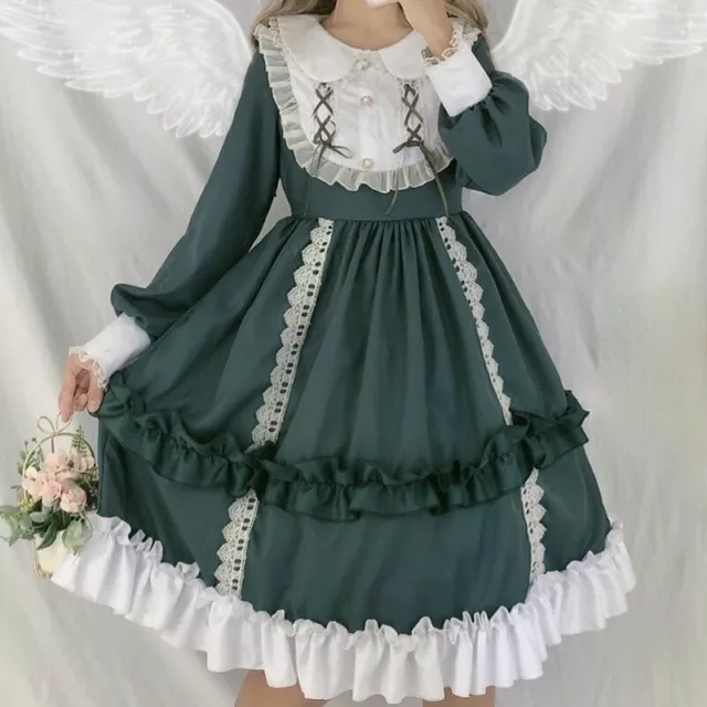 Ragazza Giapponese Lolita Abito Midi Cosplay Kawaii a Balze Puff Maniche Carino