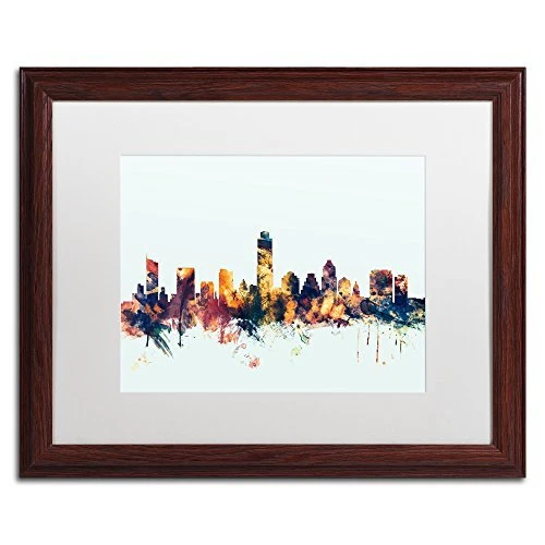 Austin Texas Skyline Blue by Michael Tompsett, White Matte, Wood Frame 16x20-...