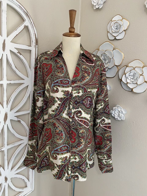 VTG TALBOTS size 14 BOHO PAISLEY PRINT PURE SILK LONG SLEEVE BUTTON DOWN TOP