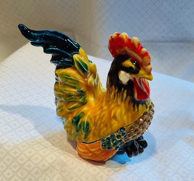Bejeweled and Enamel Rooster Trinket Box Magnetic Hinge