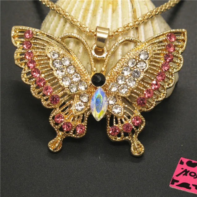 Hot Betsey Johnson Red Rhinestone Cute Butterfly Crystal Pendant Chain Necklace