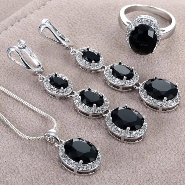Women 925 Silver Cubic Zirconia Ring Drop Earrings Necklace  Wedding Jewelry Set