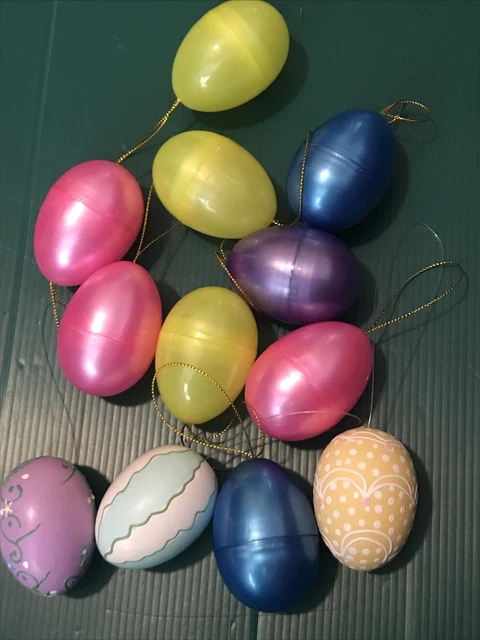 Lot 12 Plastic Hanging Easter Eggs Tree Ornaments Bright Spring Colors -9 Open