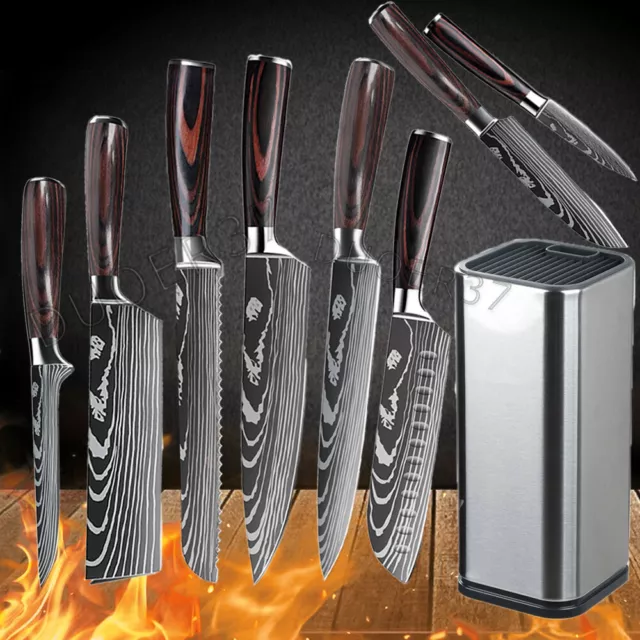 Küchenmesser Kochmesser Messerblock Set Damaskus Stil Edelstahl Profi Hackmesser