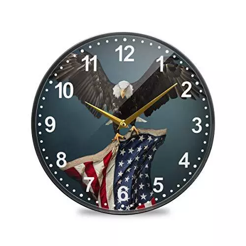 USA Flag American Bald Eagle Wall Clock Battery Operated Silent Non Ticking C...