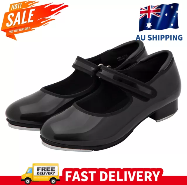 Patent Easy Strap Slip On Tap Shoes for Girls and Boys Tan Black