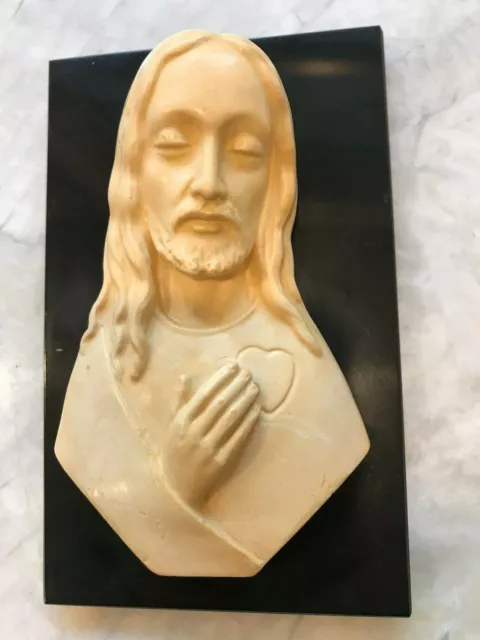 Vintage French Chalk Ware Plaster Plaque Sacred Heart Jesus Christ  P. P. Depose