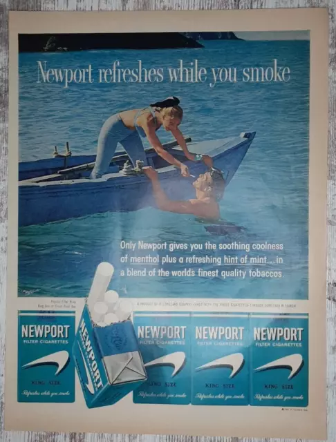 1961 Newport Vintage Print Ad Cigarettes Tobacco Boat Water Man Woman Sunshine