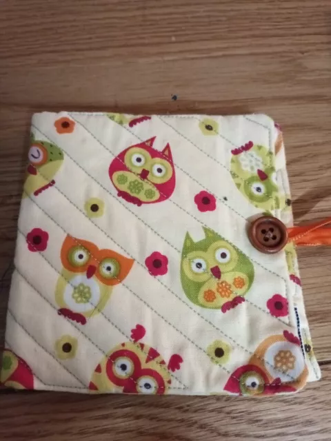 Handmade needle book cream 70s style owl Fabric button 10cm x11cm