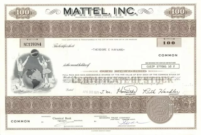 Mattel, Inc - Famous Toy Company - 100 Share Brown Stock Certificate - General S