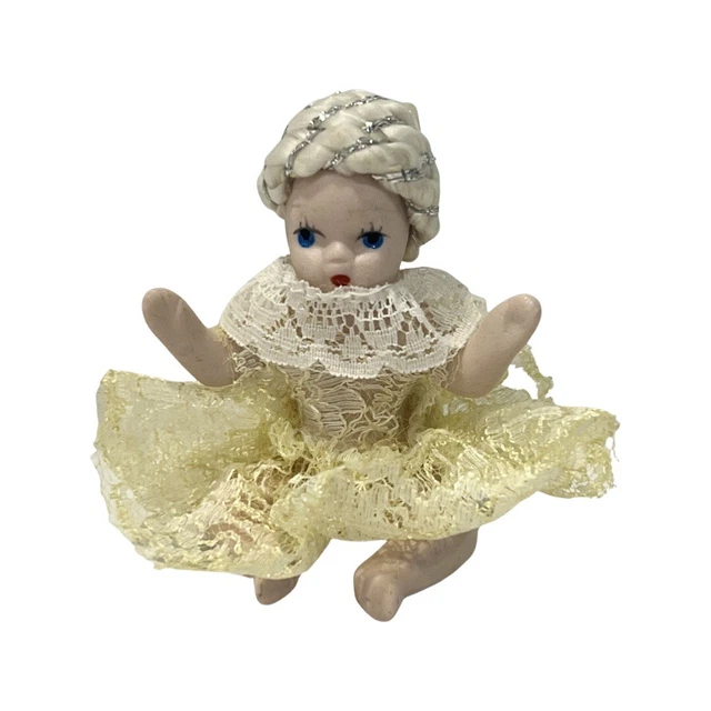 Vintage BISQUE PORCELAIN GIRL DOLL FIGURINE  3” tall  shelf sitter creepy