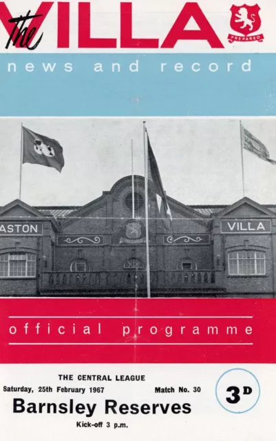 Aston Villa v Barnsley Reserves 1967 Football Programme News & Record