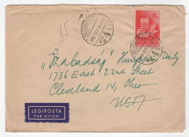 1948 Sep 14th. Air Mail Cover. Budapest to Cleveland, Ohio.