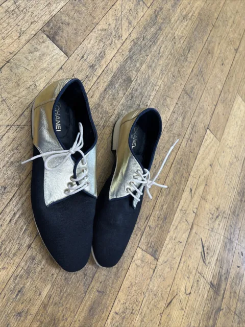CHANEL Black Gold CC Lace Up Loafer Moccasin Oxford Flat Shoe EUR 38