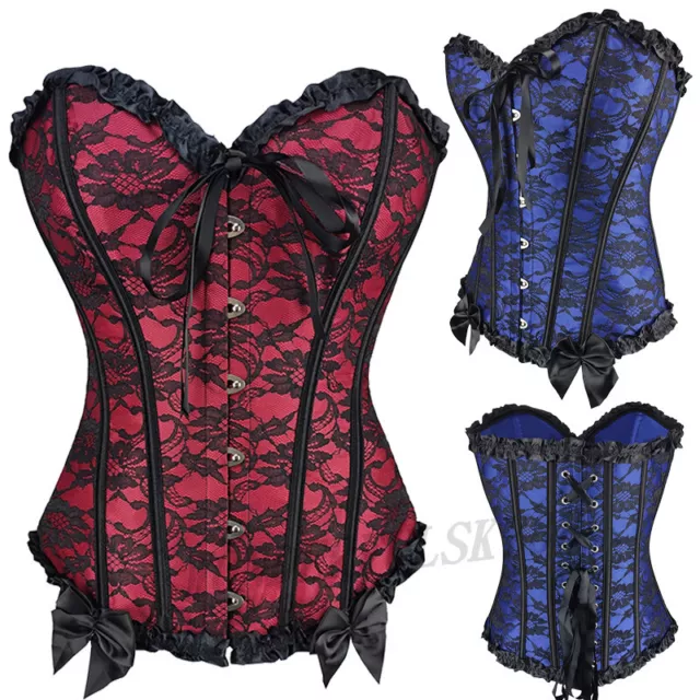 Women Sexy Black Floral Red Lace Trim Ruffle Overbust Corset Top Basque Lingerie