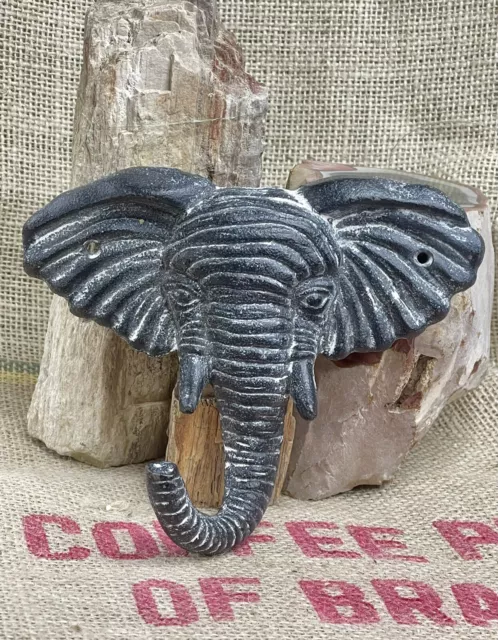 Cast Metal Elephant Head Trunk Hook Wall Hanger Dark Grey  6.5”x 5” Nice