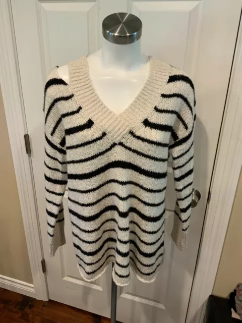 John + Jenn Black & White Striped V-Neck Sweater, Size XS