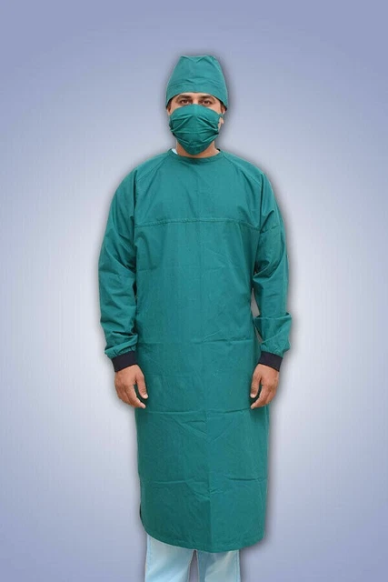 Reusable Cotton Surgical Gown Green For Hospital , Medical Set Of 3 Size-Small