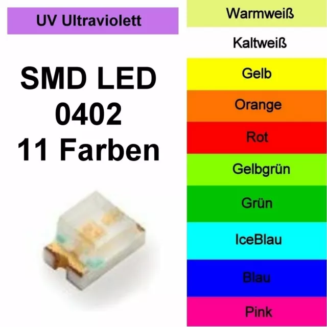 SMD LED 0402 in 11 verschiedenen Farben 1/10/25/50/100/500 Stück zur Auswahl