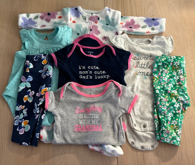 Baby Girl 3 Months Clothes Carters Blue Pink Green Floral Bodysuits Pants PJs